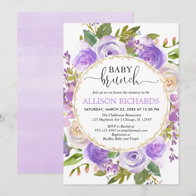 Invitation Purple lavande or floral fille brunch bébé (Devant / Derrière)