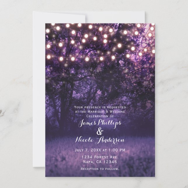 Invitation Purple Lavender Dusk Lumières Forêt Russe Mariage (Devant)