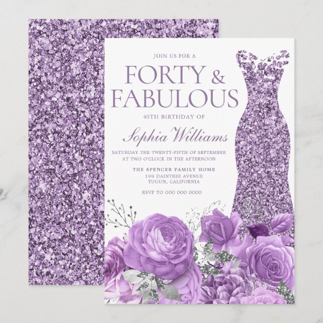 Invitation Purple Lavender Gown Floral 40e fête d'anniversair (Devant / Derrière)