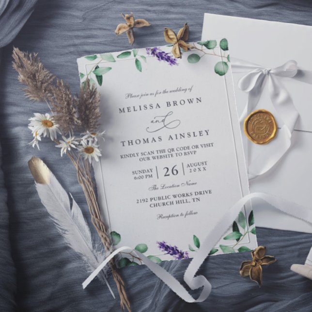Invitation Purple Lavender Greenery Rustic QR Code Wedding (Créateur téléchargé)