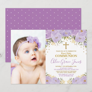 Invitation Purple Lavender Or Floral Première Communion Saint