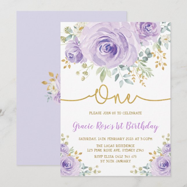 Invitation Purple Lavender Rose Fille 1er anniversaire fête (Devant / Derrière)