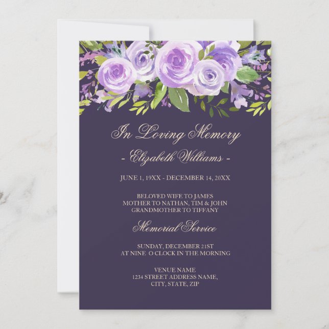 Invitation Purple Lavender Rose Floral Memorial Service (Devant)