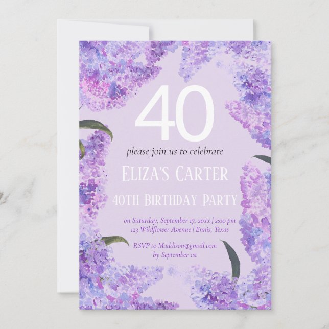 Invitation Purple Lilac 40ème Floral Elégant Anniversaire (Devant)