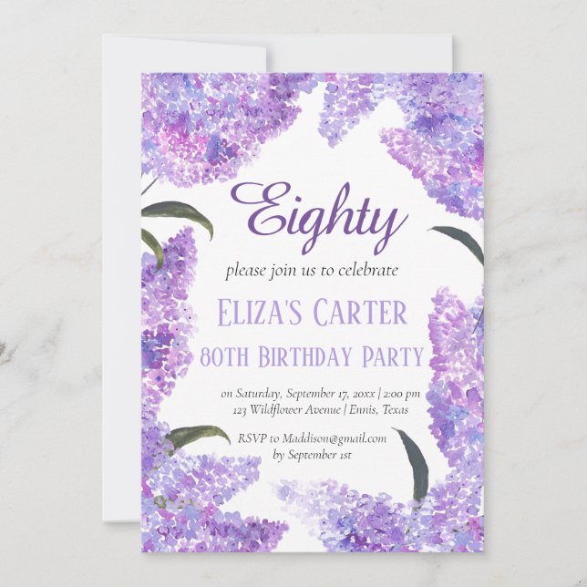Invitation Purple Lilac 80ème Soixante-Dix Floral Elégant Ann (Devant)