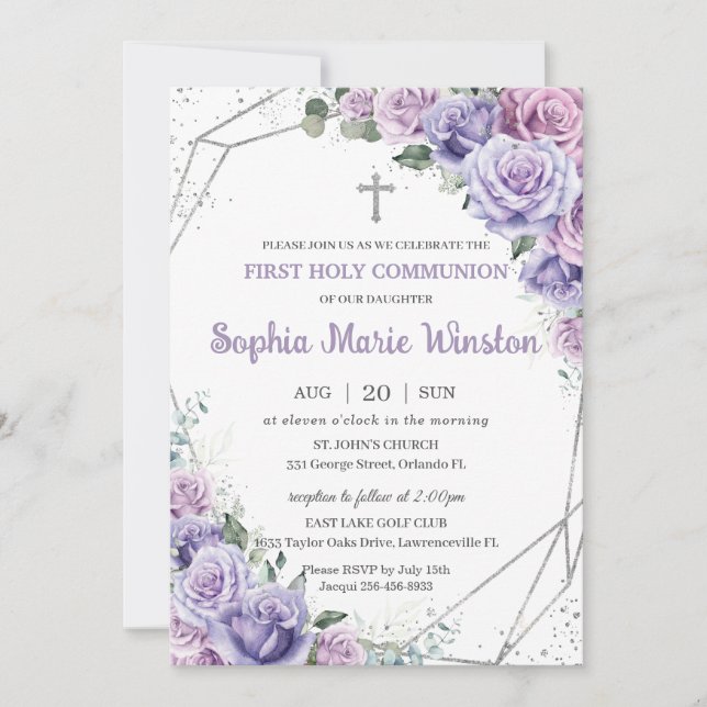 Invitation Purple Lilac Floral Argent Première Communion Sain (Devant)