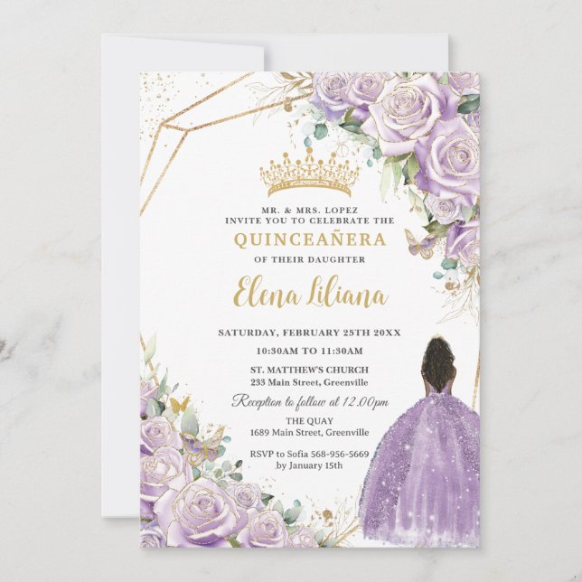Invitation Purple Lilac Floral Brown Princesse Quinceanera (Devant)