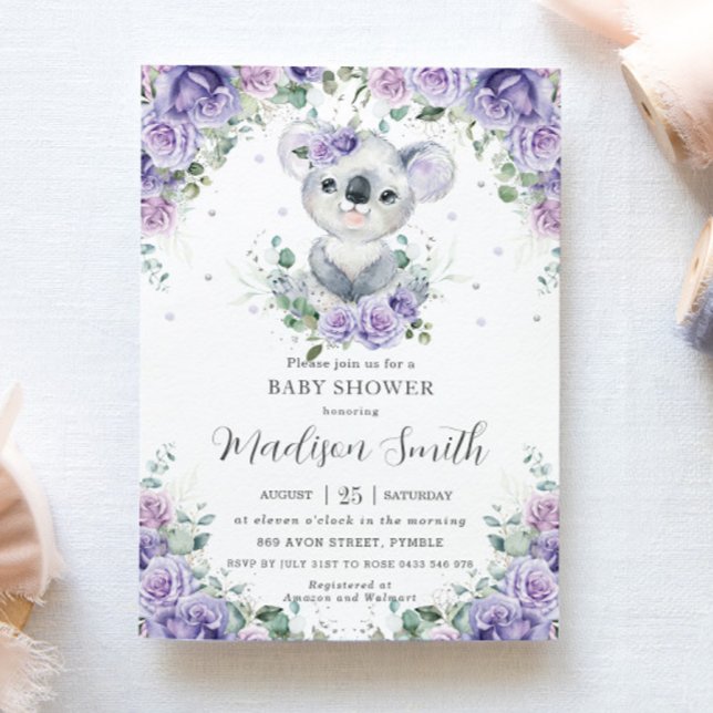 Invitation Purple Lilac Floral Cute Koala Baby shower (Créateur téléchargé)