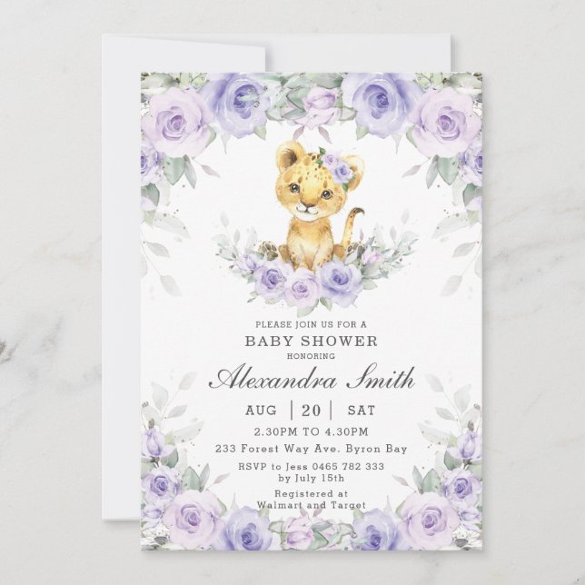 Invitation Purple Lilac Floral Cute Lion Cub Baby shower fill (Devant)