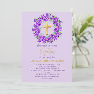 Invitation Purple Lilac Floral Gold Cross Girl Baptême