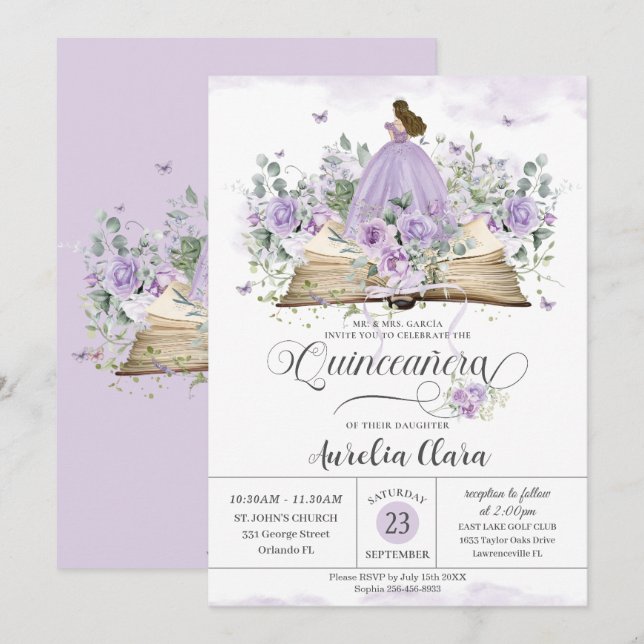 Invitation Purple Lilac Floral Livre Nouveau Chapitre Quincea (Devant / Derrière)