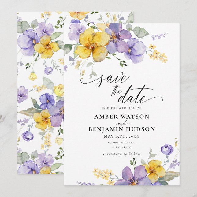 Invitation Purple Lilac Lavande Jaune Floral Enregistrer La D (Devant / Derrière)