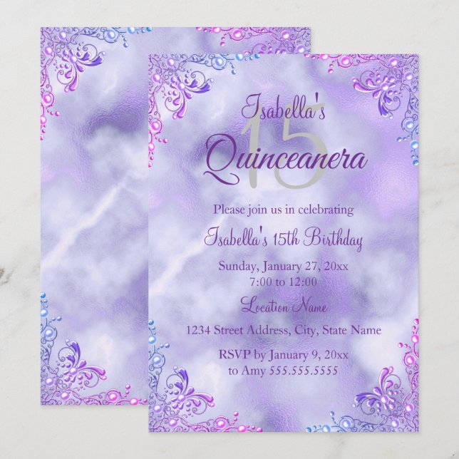 Invitation Purple Lilac Quinceanera 15e argent Pearl Damask (Devant / Derrière)
