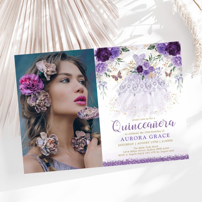 Invitation Purple Lilac Quinceañera Princess Robe Papillon (Créateur téléchargé)