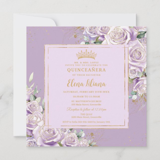 Invitation Purple Lilac Rose Floral Quinceanera Sweet 16 Or (Devant)