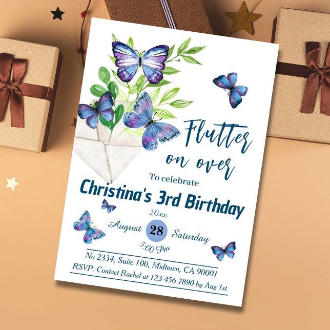 Invitation Purple lilas & papillon bleu thème 3e anniversaire (Créateur téléchargé)