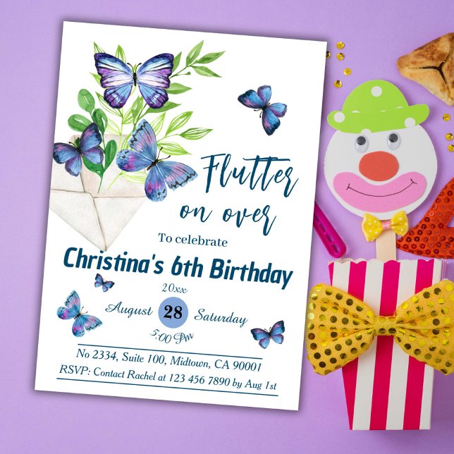 Invitation Purple lilas & papillon bleu thème 6e anniversaire (Créateur téléchargé)