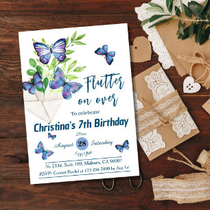 Invitation Purple lilas & papillon bleu thème 7e anniversaire