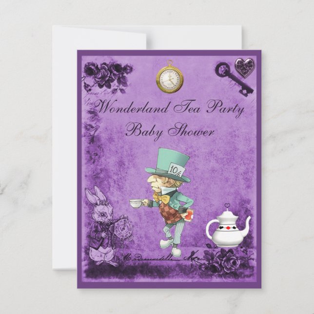 Invitation Purple Mad Hatter Wonderland Tea Party Baby shower (Devant)