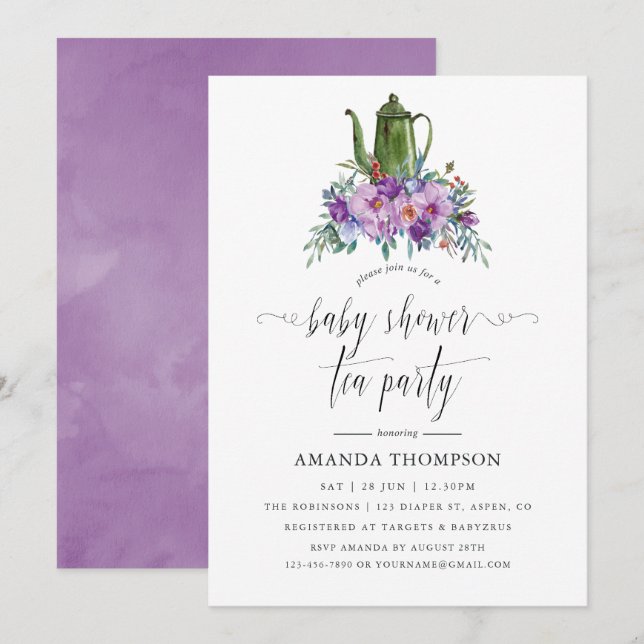 Invitation Purple Magnolias et Tea Party Rose Baby shower (Devant / Derrière)