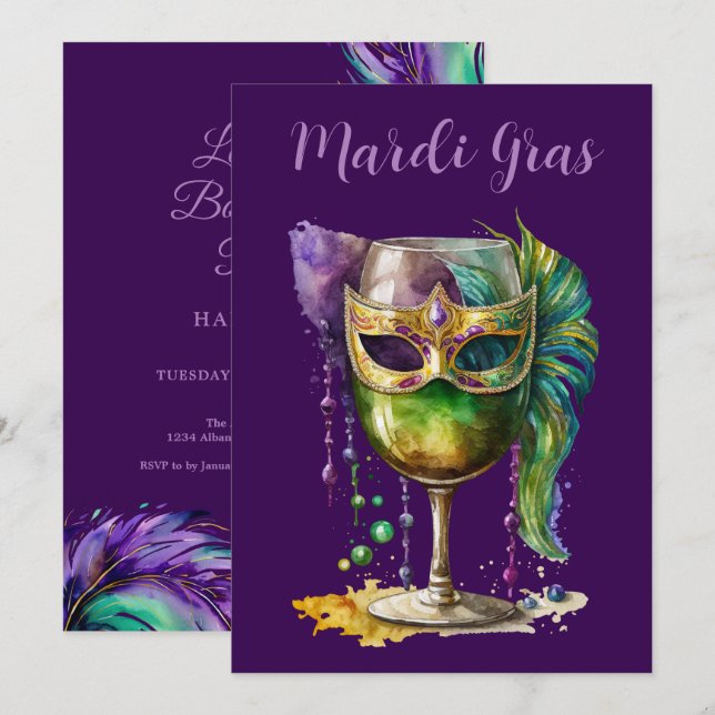 Invitation Purple Mardi Gras Mask  (Devant / Derrière)