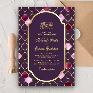 Invitation Purple Marocain Quatrefoil QR Code Mariage musulma