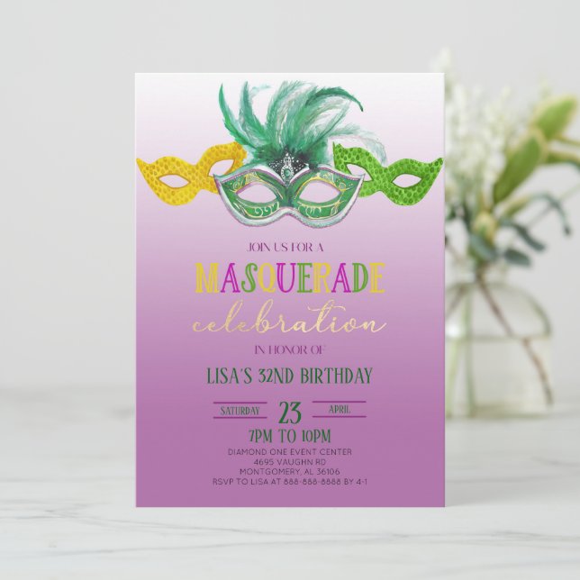 Invitation Purple Masquerade Ball Party Mardi Gras Anniversai (Debout devant)