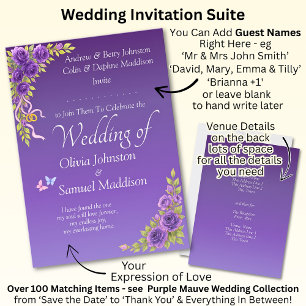 Invitation Purple Mauve Flowers & White Wedding 