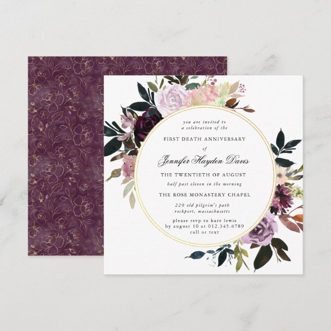 Invitation Purple Mauve Rose Floral Premier anniversaire de l (Devant / Derrière)