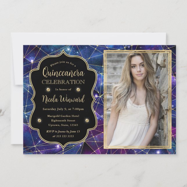 Invitation Purple Midnight Crystal Galaxy Quinceanera photo (Devant)