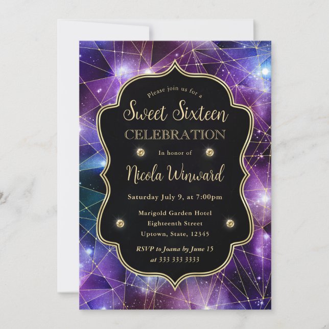 Invitation Purple Midnight Crystal Galaxy Sweet 16 photo (Devant)