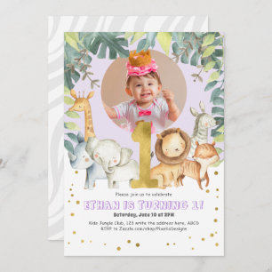 Invitation Purple mignon animaux Fille photo de premier anniv
