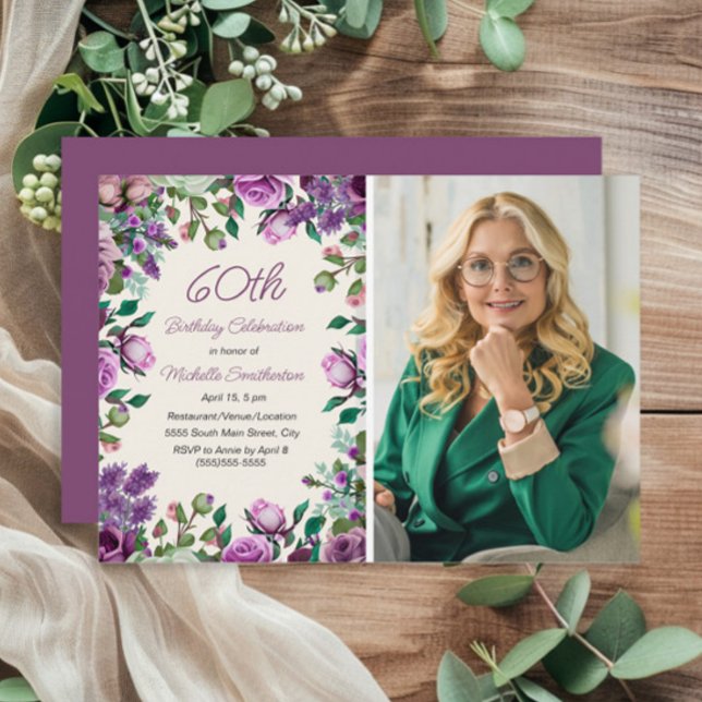Invitation Purple Mint Green Floral 60e anniversaire Photo (Purple floral and mint green leaves 60th birthday party photo invitation)