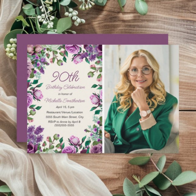 Invitation Purple Mint Green Floral 90e anniversaire Photo (Purple floral and mint green foliage 90th birthday party photo invitation)