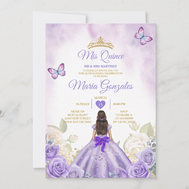 Invitation Purple Mis Quince Lavande 15 Anos Argent Couronne (Devant)