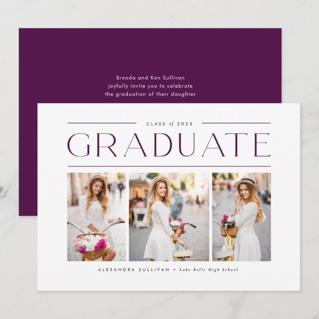 Invitation Purple Moderne Typographie Photo Collage Graduatio (Devant / Derrière)
