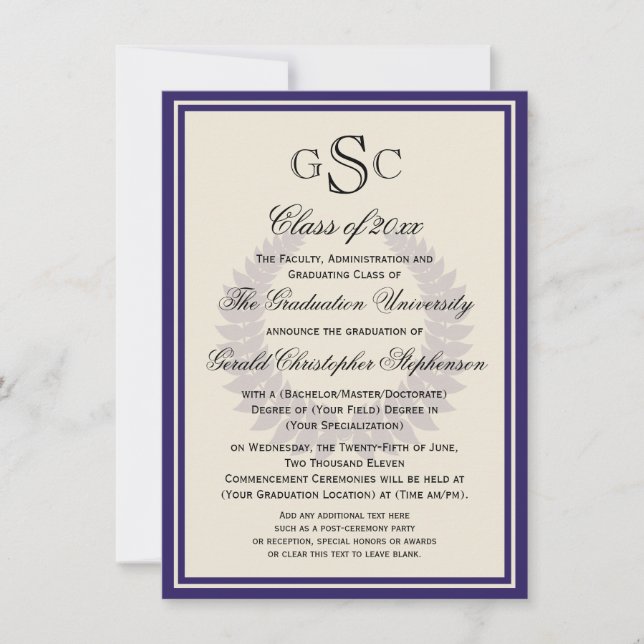Invitation Purple Monogram Laurel Classic College Graduation (Devant)