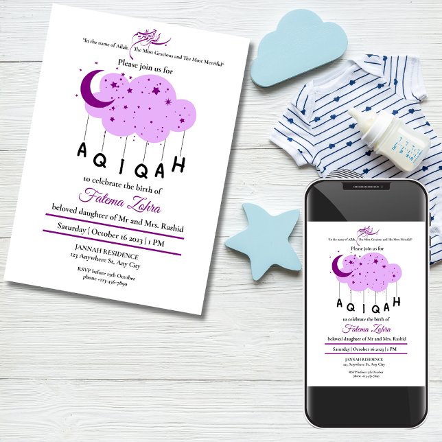 Invitation Purple Moon Cloud Star Baby Girl Muslim Aqiqah (Purple Moon Cloud Star Baby Girl Muslim Aqiqah Invitation)