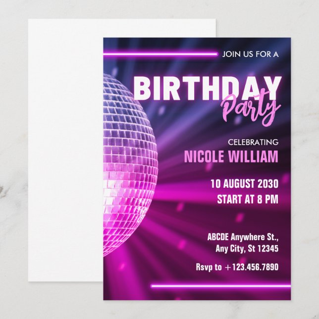 Invitation Purple néon disco soirée anniversaire (Devant / Derrière)