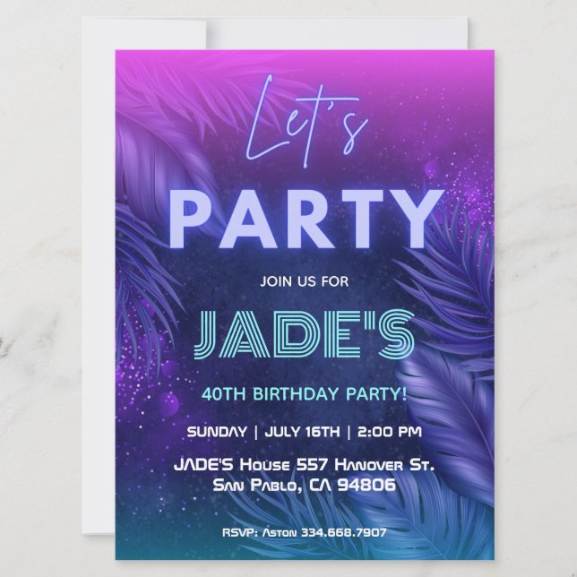Invitation Purple Neon Tropical Anniversaire (Devant)