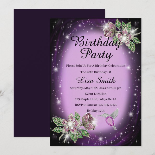 Invitation Purple N'Importe Quel Âge Bling Floral Bird Annive (Devant / Derrière)