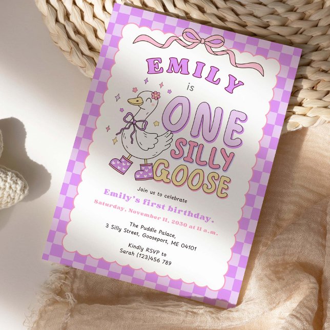 Invitation Purple One Silly Goose-Retro Girl First Birthday (Purple Checkered "One Silly Goose"- Girl First Birthday Invitation)