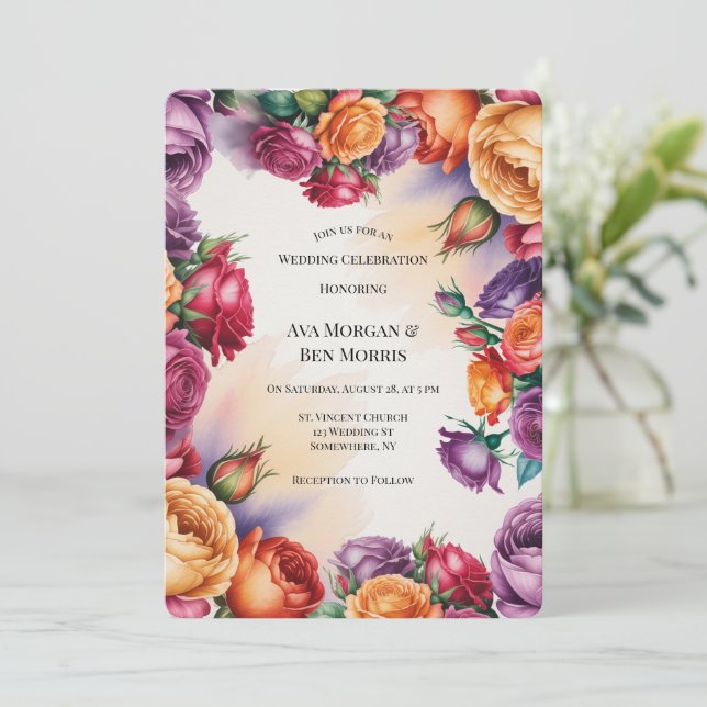 Invitation Purple Orange and Red Rose Wedding with QR-Code (Debout devant)