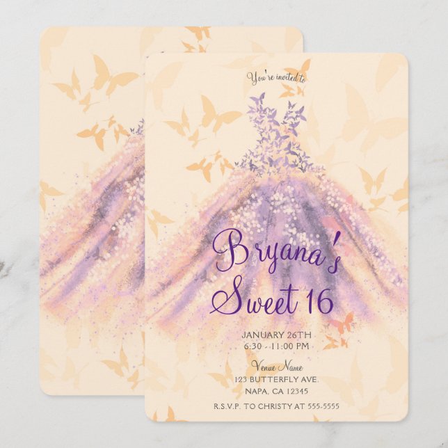 Invitation Purple Orange Papillon Danser Robe Douce 16 Partie (Devant / Derrière)