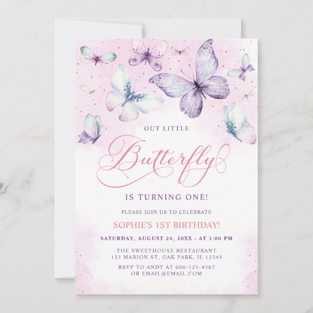 Invitation Purple Out Little Butterfly Baby Girl 1er annivers (Devant)
