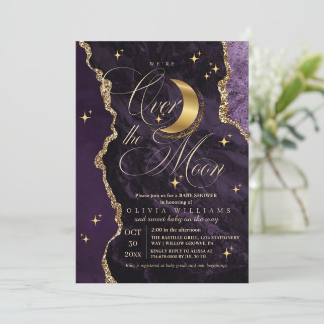 Invitation  Purple Over the Moon Gold Stars Baby Shower  (Debout devant)