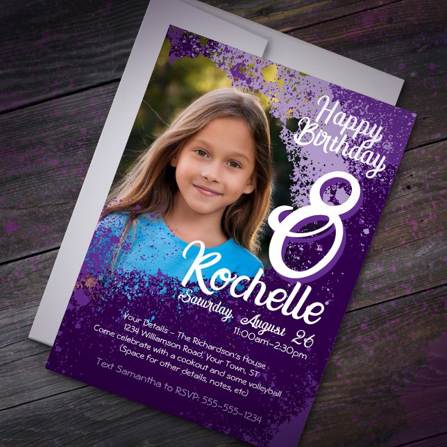 Invitation Purple Paint Splatter Photo 8e anniversaire Invita (Créateur téléchargé)