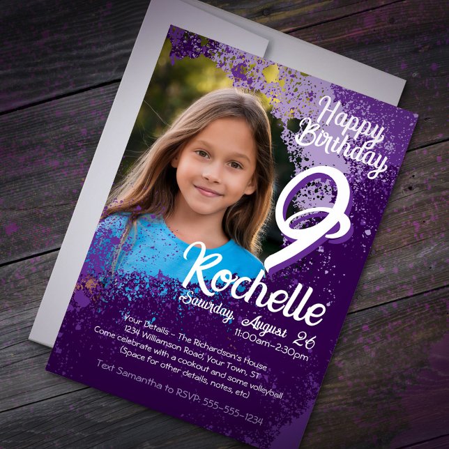 Invitation Purple Paint Splatter Photo 9e anniversaire Invita (Créateur téléchargé)
