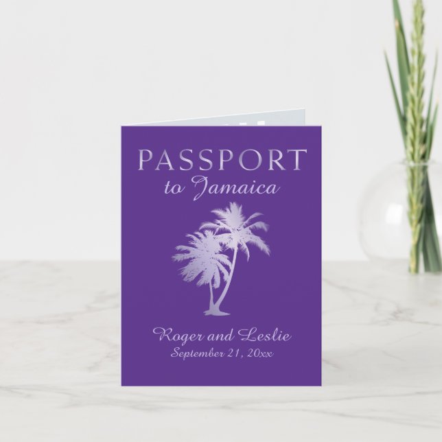 Invitation Purple Palm Faux Foil Jamaïque Passeport Mariage (Devant)