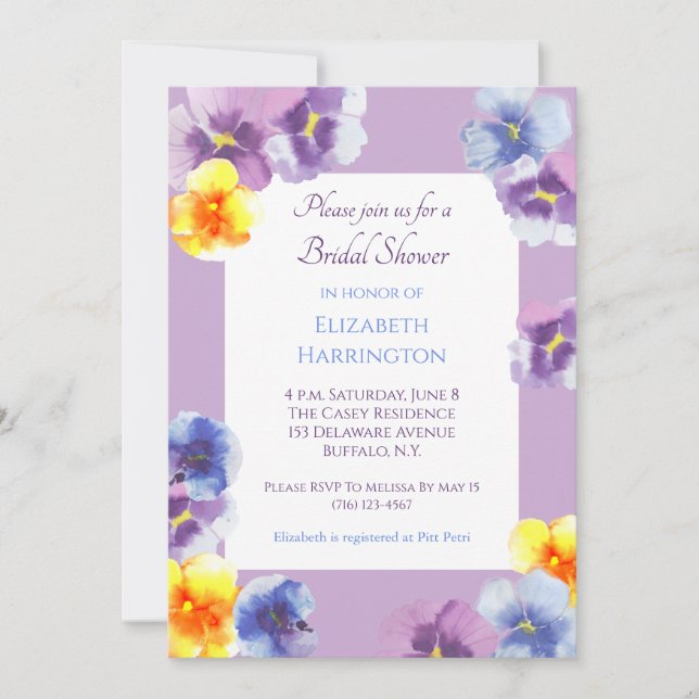 Invitation Purple Pansy Watercolor Boho Bridal Shower (Devant)